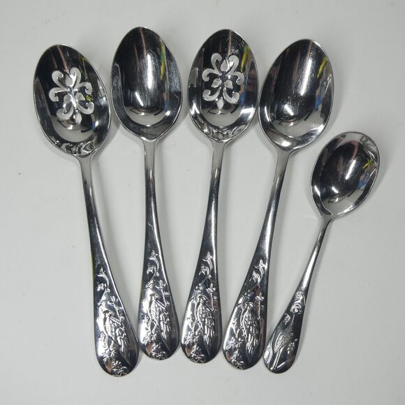 Reed & Barton Asian Birds - 5 Serving Spoons Tablespoons Stainless Flatware - Picture 1 of 8
